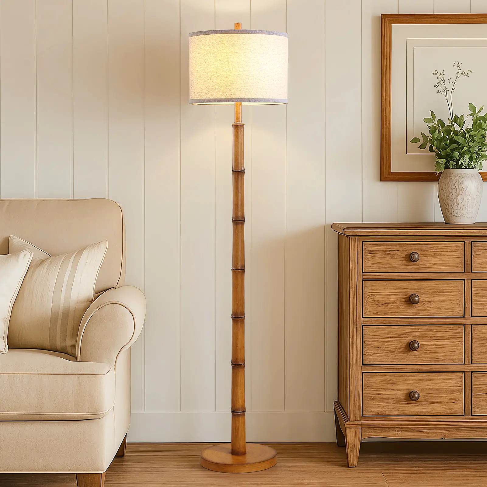 Iaikeyo 62-Inch Bamboo-Style Sculptural Floor Lamp, Ivory Linen Shade, Rotary Switch, LED Bulb, Easy On/Off Control - Ideal for Bedrooms