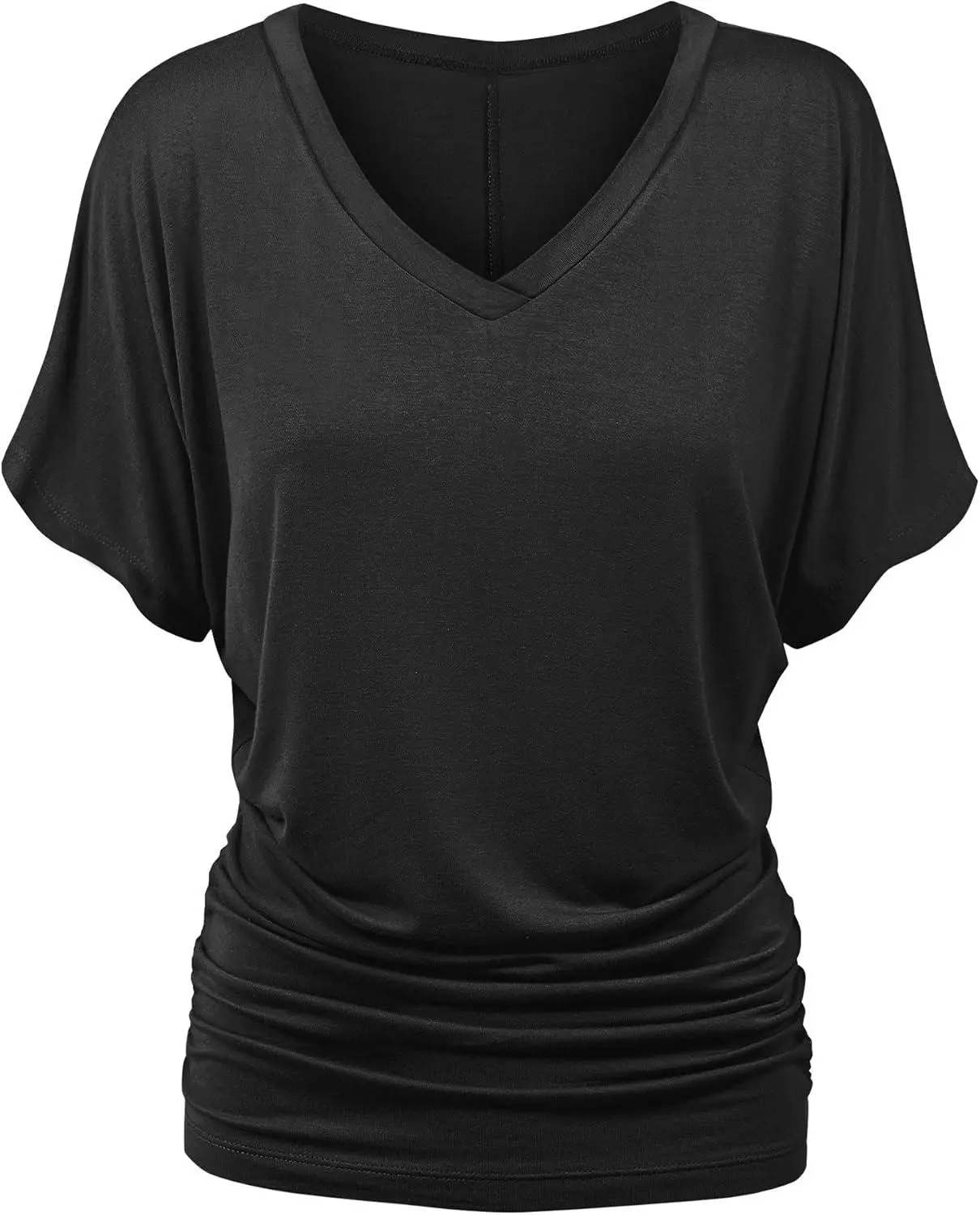 Women's Short-Sleeve Plain T-Shirt - Boat/V Neck, Dolman Sleeves, Stretchy Rayon Fabric, Side Shirring, Body Skimming Fit, Chic Elegant Minimalist Basic Style for Everyday Comfort, Comfortable, Breathable, Wardrobe Staples