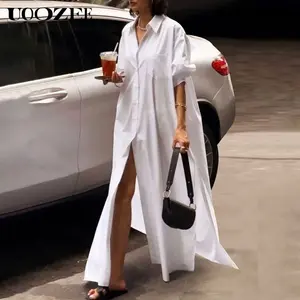 UOOZEE Women's Minimalist Light Basic Collared Long-Sleeve Loose Buttoned Solid Color Split-Side Maxi Shirt Dress with Camisole - Breathable, Elegant, Comfortable, Simple Fit for Casual Wear