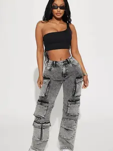 Fairfax High Rise Stretch Cargo Jeans – Acid Wash Grey | Trendy & Functional Denim