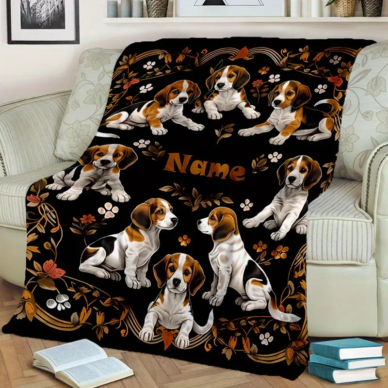 Customized Beagle Dog Blanket with Personalized Name - Vintage Animal Themed Flannel Throw, Polyester Digital Print, All-Seasons Woven Wrap for Home, Camping - Unique Gift for Festive Occasions