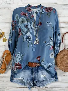 Plus Size Elegant Women's Floral Print Shirts Button Down Long Sleeve V Neck Tops Casual Business Dressy Flowy Lightweight Blouses Womenswear