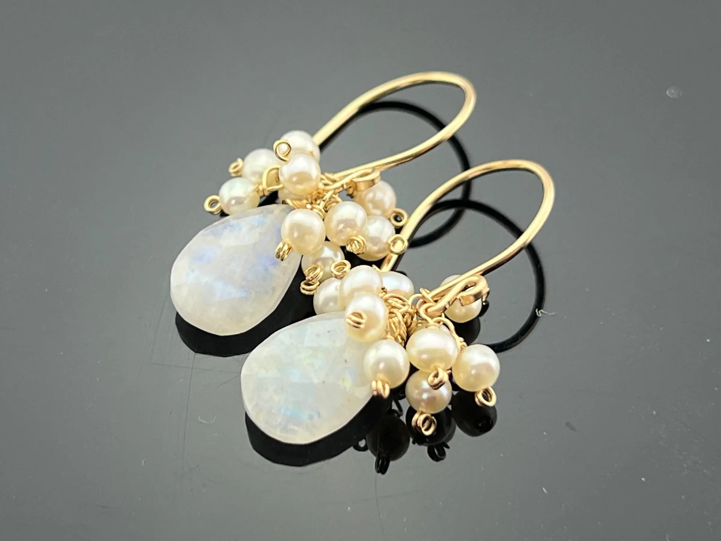 Rainbow Moonstone & Pearl Cluster Earrings • 14K Gold Filled or Sterling Silver • June Birthstone Jewelry • Gift for Her