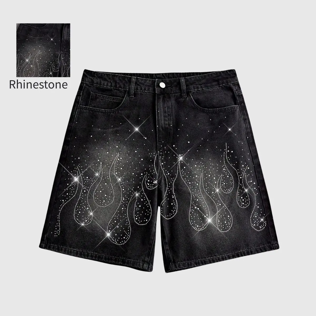 Men's Loose Straight Fit Denim Shorts with Flame Rhinestones, Retro High-Street Style, Knee-Length Distressed Black/Gray Finish, Retro Style, Mid-Knee Length, Casual, Stylish, Street Wear, Distressed Look, Above The Knee