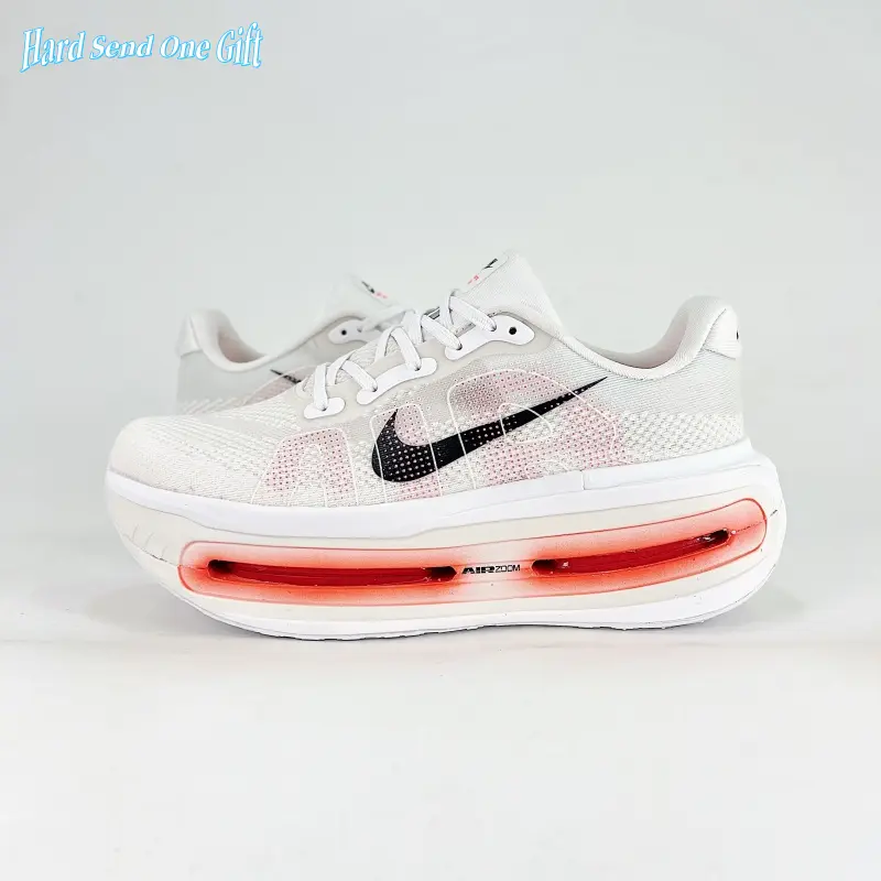 Daily lightweight trainer sneakers use seamless sheer soft breathable woven mesh upper, pure off-white knit base decorated with faint blush pink abstract patterns, perforated mesh ventilation, flexible full air cushion midsole