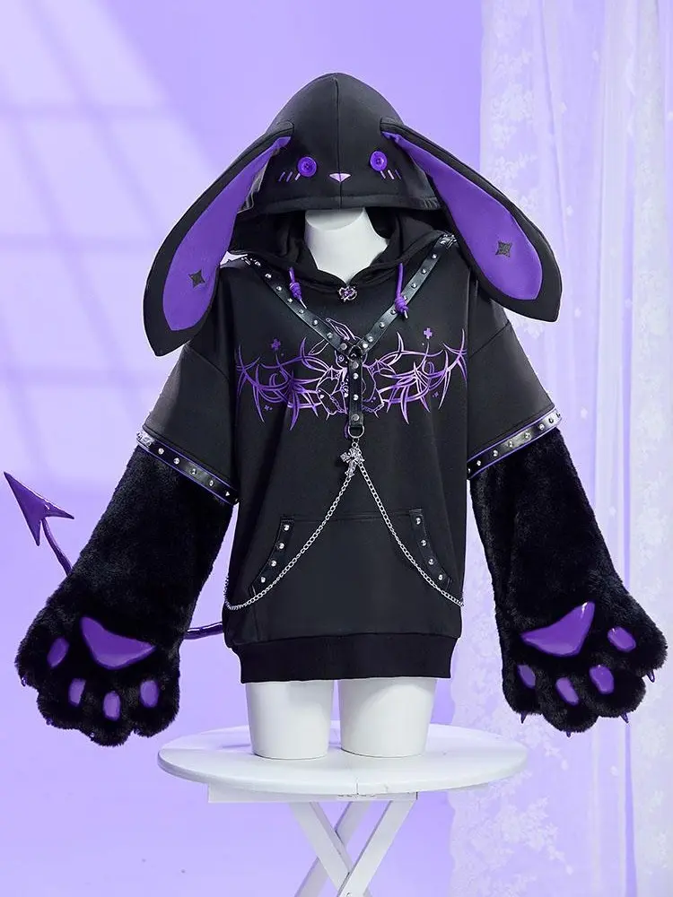 Micotaku Black-and-Purple Woman's Gothic Cute Bunny Furry Paw Hoodie with Accessories