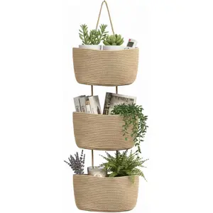 Woven cotton Over the Door Basket, 3-Tier Hanging Storage Basket with Hooks, Cotton Back of Door Organizer for Living Room, Bedroom, Boho Wall Decor, Toy Storage,Brown&White