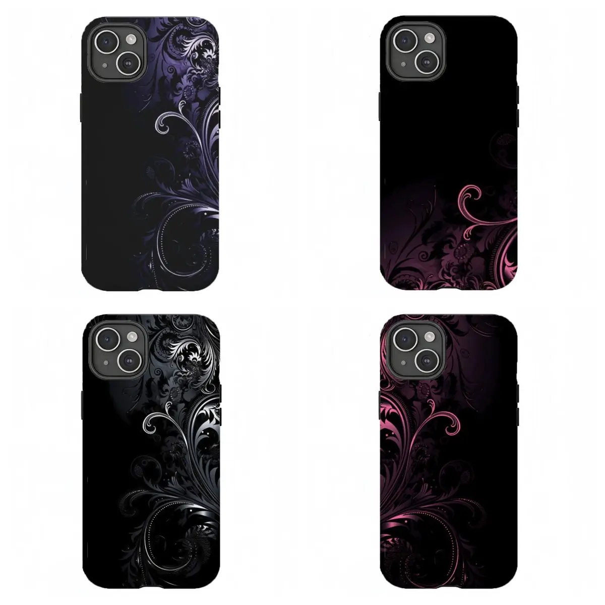 Gothic Baroque Swirl Phone Case Set, Dark Purple/Pink/Black Ornate Floral Art Cover For iPhone 11 12 13 14 15 16 17 Pro Max For Samsung S26 S25 S24 S23 S22-Gift For Her/Him Cellphone Protection