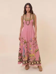 LikeMhChoice 2026 Women's Linen-Blend Embroidered Midi Dress - Tie Shoulder Straps, Jungle Print, Beach & Resort Casual Womenswear