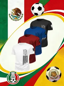 Men's Flag Print Short Sleeve T-Shirt Set, 4 Pieces, Casual Wear, Sports & Outdoor Activities, Round Neck, Loose Fit, All Seasons