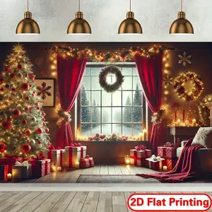 [ 2D Flat Printing Banner ]Christmas Festive Red Window Backdrop Banner - 8.0x6.0ft Polyester Party Decoration, Versatile Indoor/Outdoor Photography Background for Holiday Celebrations, Christmas Party Decorations, Photography Backdrop