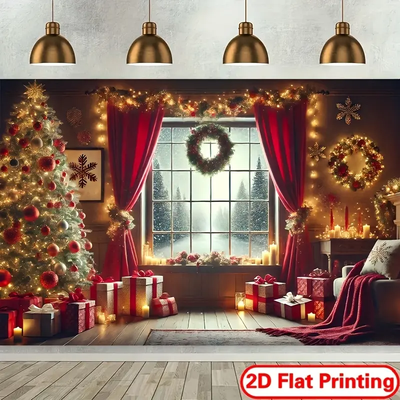 [ 2D Flat Printing Banner ]Christmas Festive Red Window Backdrop Banner - 8.0x6.0ft Polyester Party Decoration, Versatile Indoor/Outdoor Photography Background for Holiday Celebrations, Christmas Party Decorations, Photography Backdrop
