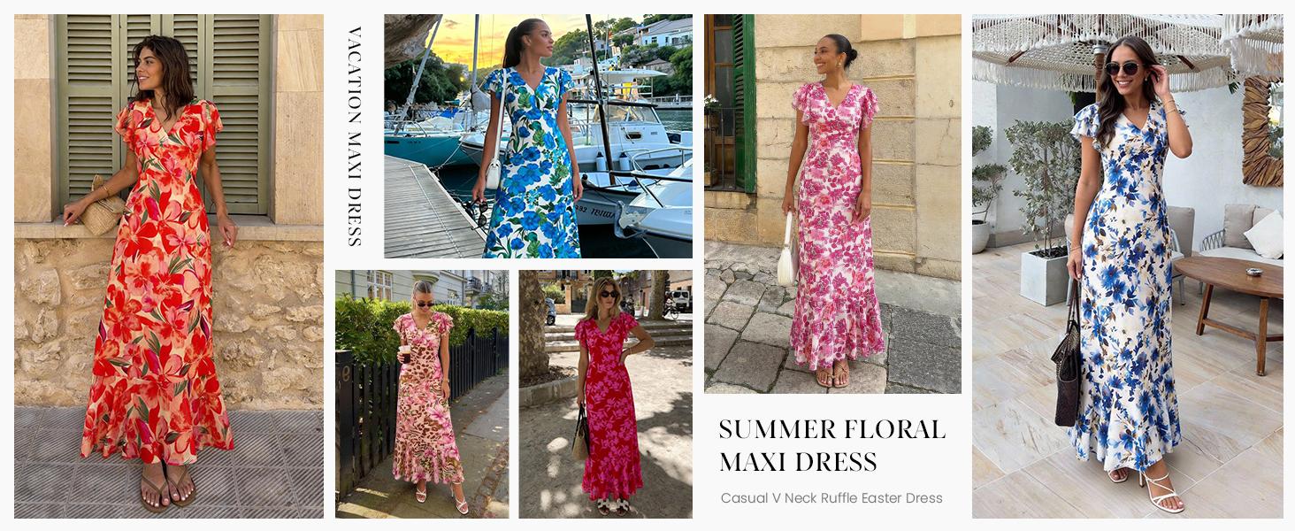 PRETTYGARDEN Floral Dress for Women Summer Boho Ruffle Flowy Cocktail Beach Spring Wedding Guest Maxi Long Dresses