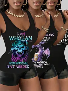 3pcs Dark Skull Lightning Dragon Sleeveless Tank Top Set, Humorous Letter Print, Coffee Nap Vacation, Bold Statement Tee, Style Women's Clothing, Womenswear
