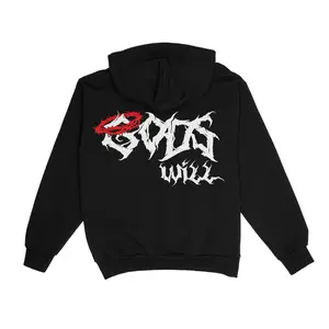 Gods Will Hoodie - Gray Pullover with Front Pocket and Lettering Design with draw strings