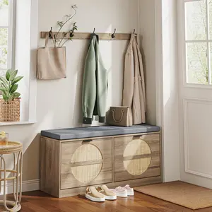 ABCASA 41.3" Entryway Bench with Shoe Storage, Aesthetic Coat Rack & Flip Drawer Cabinet, Small Space Rattan Shoe Cabinet for Modern Apartments, Comfy Seating & Organized Hallway