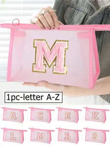 Mesh Bag, Large Capacity Embroidered Letters A-Z, Transparent Cosmetic Organizer, Multi-Functional Travel Pouch, Student Supplies Bag, Cosmetics Organizer