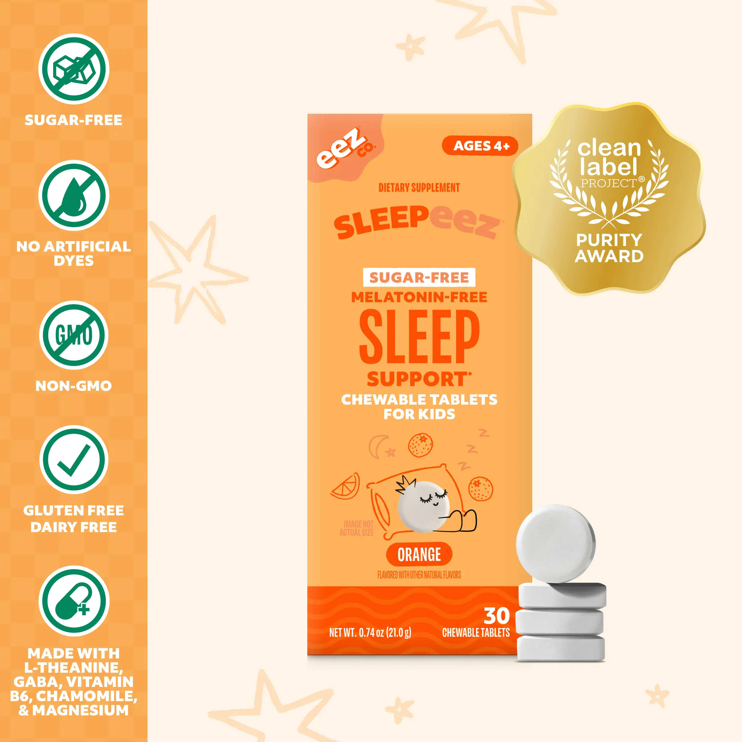 Sleepeez by EEZ Co. Melatonin-Free & Sugar-Free Chewable Tablets for Kids, Orange flavor, Gluten Free, Dietary