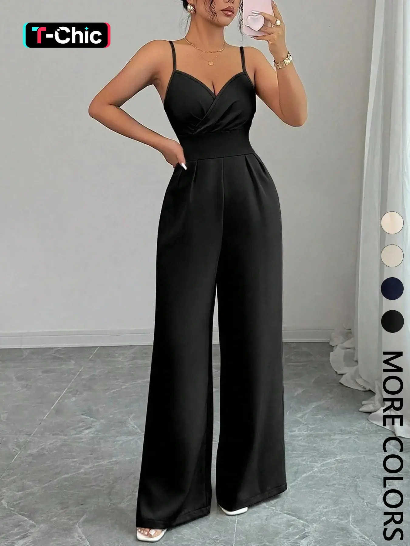 Women's Sleeveless Jumpsuit, Cross V-Neck Wide Leg Pleated Fitted Waist, Thin Transparent Summer, Fashionable, Chic and Comfortable Womenswear, Elegant Fashion Jumpsuit, Romper Jumpsuit