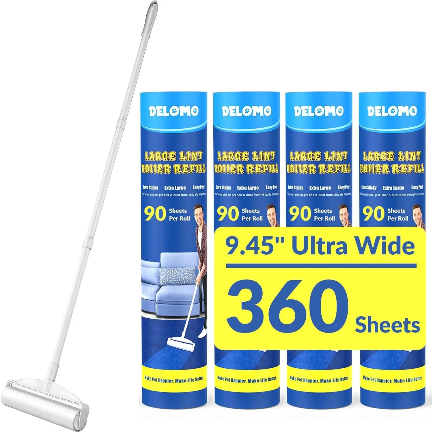 Large Lint Rollers for Carpet, Sticky Rollers for Floor  9.45 in with 3 Extendable Handle,Long Handle Sticky Mop for Cleaning Carpets, Cars, Clothing, and Pet Hair