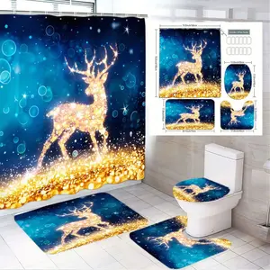 1/4pcs Golden Deer Shower Curtain Set, 4-Piece Bathroom Decor with Glowing Deer Silhouette, Deep Blue Background, Stars & Glitter, Matching Bath Mats, Toilet Cover - Festive Winter/Holiday Theme Decor for Enchanted Bathroom
