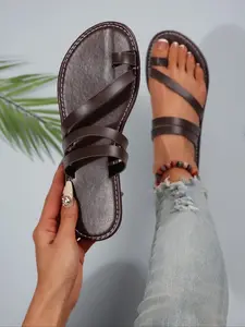 Women's Toe Ring Flat Sandals, Toe Ring Slides, Casual Open-Toe Slip-On Non-Slip Rubber Slippers, Outdoor Beach Shoes, Minimalist Style, All Seasons