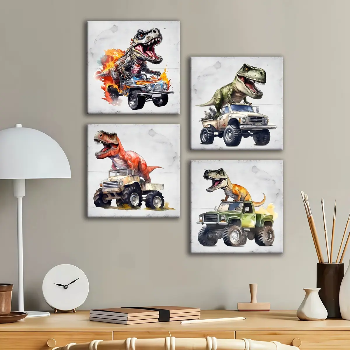4-count wooden frame canvas, watercolor-style Tyrannosaurus rex and off-road vehicle-themed children's room poster, Dinosaur Themed Design, living room and bedroom decoration, waterproof art Artwork, Decorative Artwork, Decoration Items