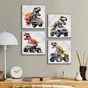 4-count wooden frame canvas, watercolor-style Tyrannosaurus rex and off-road vehicle-themed children's room poster, Dinosaur Themed Design, living room and bedroom decoration, waterproof art Artwork