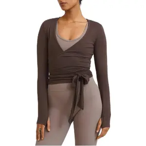 Ballet Pilates Wrap Top for Women Workout Yoga Dance Long Sleeve Wrap Shirt Slim Tie Front Going Out Crop Tops