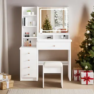 White dressing table with mirror and three-color adjustable lighting, ample storage space, and a built-in storage stool; suitable for the bedroom.