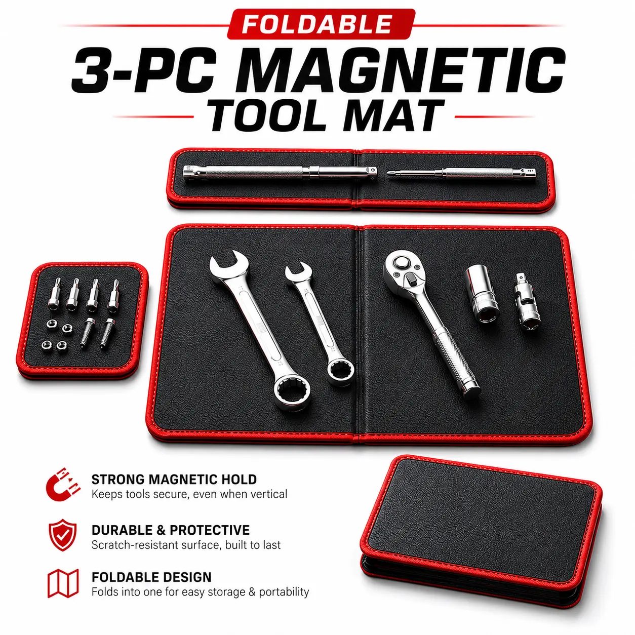 3-Piece Foldable Magnetic Tool Mat Set, Strong Magnetic Tool Organizer for Auto Repair, Garage & Workshop, Flexible Scratch-Resistant PVC Mats for Wrenches, Sockets, Screws & Small Parts
