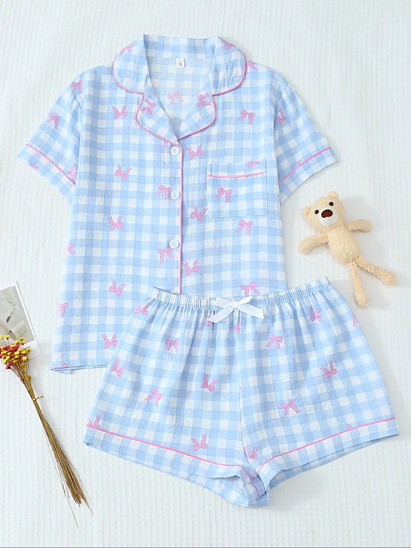 Women's Summer Pajama Set, Pyjamas, Cartoon Pattern Plaid, Cute, Short Sleeve & Shorts, Casual Fitted Home Wear, Comfortable Sleepwear for Daily Use, Loungewear, Loungewear Pajamas Set, Homewear Lounge Set, Loungewear Pjs Set
