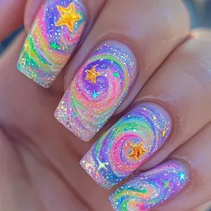 Starry Sky Pattern Fake Nails, Glitter Nails with Nail File & Tape, 1 Box Glossy False Nails for Women Girls Nail Art, Effortless Press on Nails Manicure Set