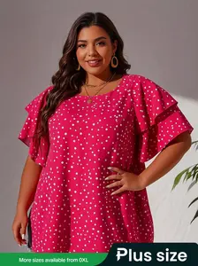 【Plus Size】 Polka Dot Print Casual Ruffle Blouse, Elegant Casual Shirt, Fashion Casual Round Neck Short Sleeve Casual Everyday Top for Daily Outdoor Wear, Women Plus Clothing for Summer
