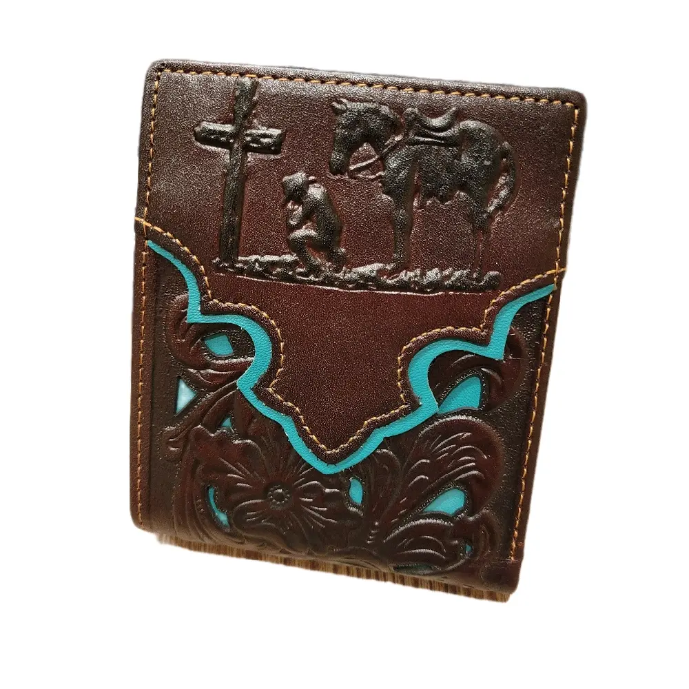 Praying Cowboy Western wallet genuine leather short bi-fold lasercut two color layered leather with religious theme.