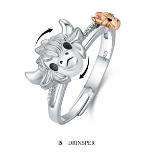 DRINSPER Highland Cow Adjustable Fidget Spinner Ring 925 Sterling Silver Anxiety Relief Cute Animal Cow Statement Ring for Women Men Teen Girls Gothic Viking Norse Jewelry Birthday Christmas Mother's Day Graduation Anniversary Gift for Cow Lovers