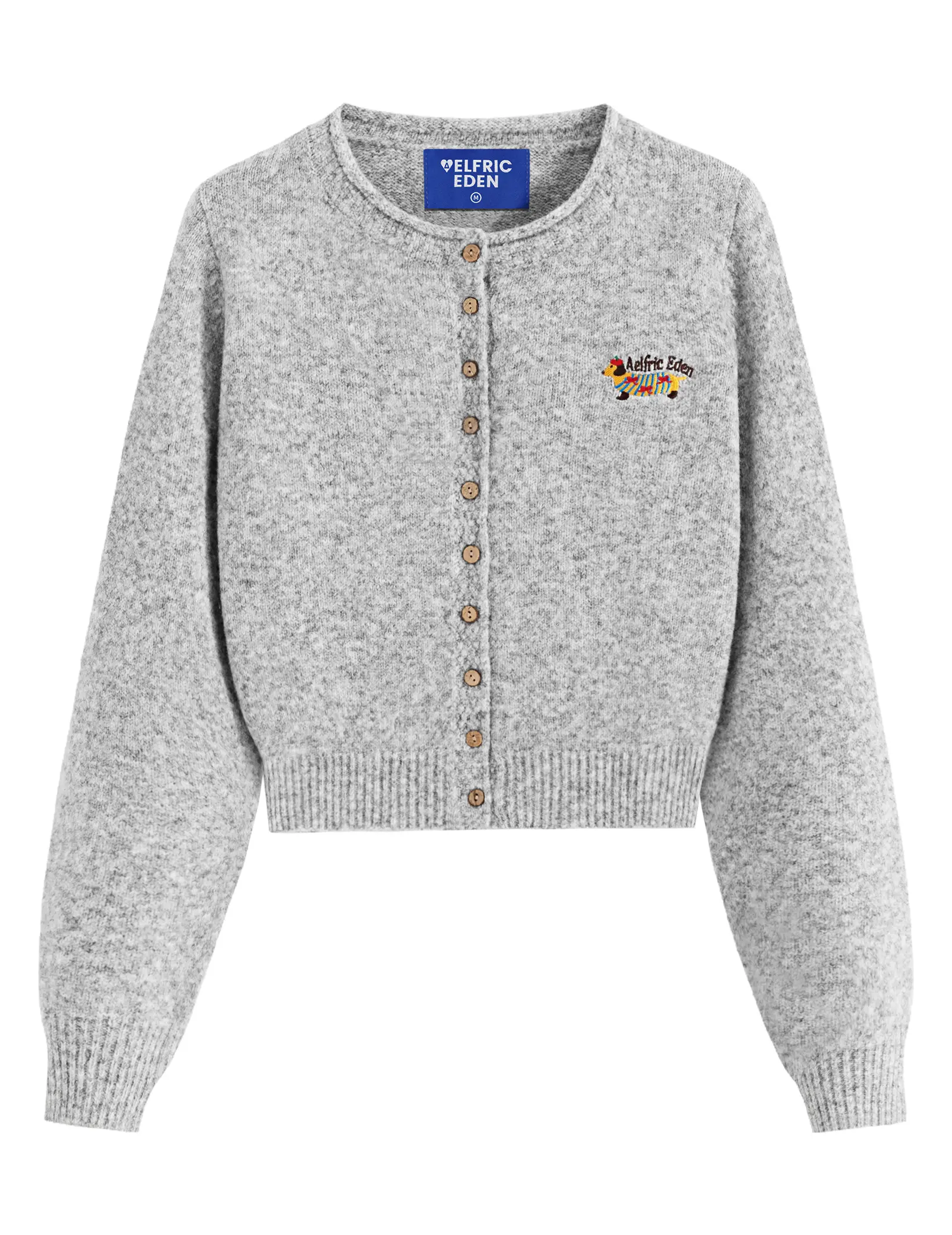 Aelfric Eden Dachshund Embroidery Cropped Round Neck Knit Cardigan Playful Dachshund Embroidery Cropped Silhouette Wooden Button Placket Blended Knit Fabric Women Vintage Cardigan,clothes for back to school,first day of school outfits