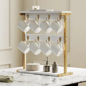 YATINEY Coffee Mug Holder for Counter, 2 Tier Mug Tree Rack, with 8 Hook and 2 Open Shelves, Vintage Mug Holder Stand for Home Kitchen, White and Gold #SummerVibes