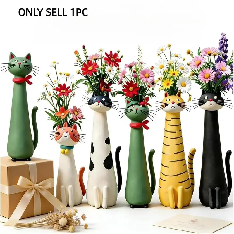 Handmade Fun Cat Vase, Cute Animal Resin Planter, Decorative Flower Vase, Flower Arrangement Vase, Bohemian Style Home Decor, Desktop and Bookshelf Decoration, Unique Gift for Cat Lovers, Decorative Flower Vessel
