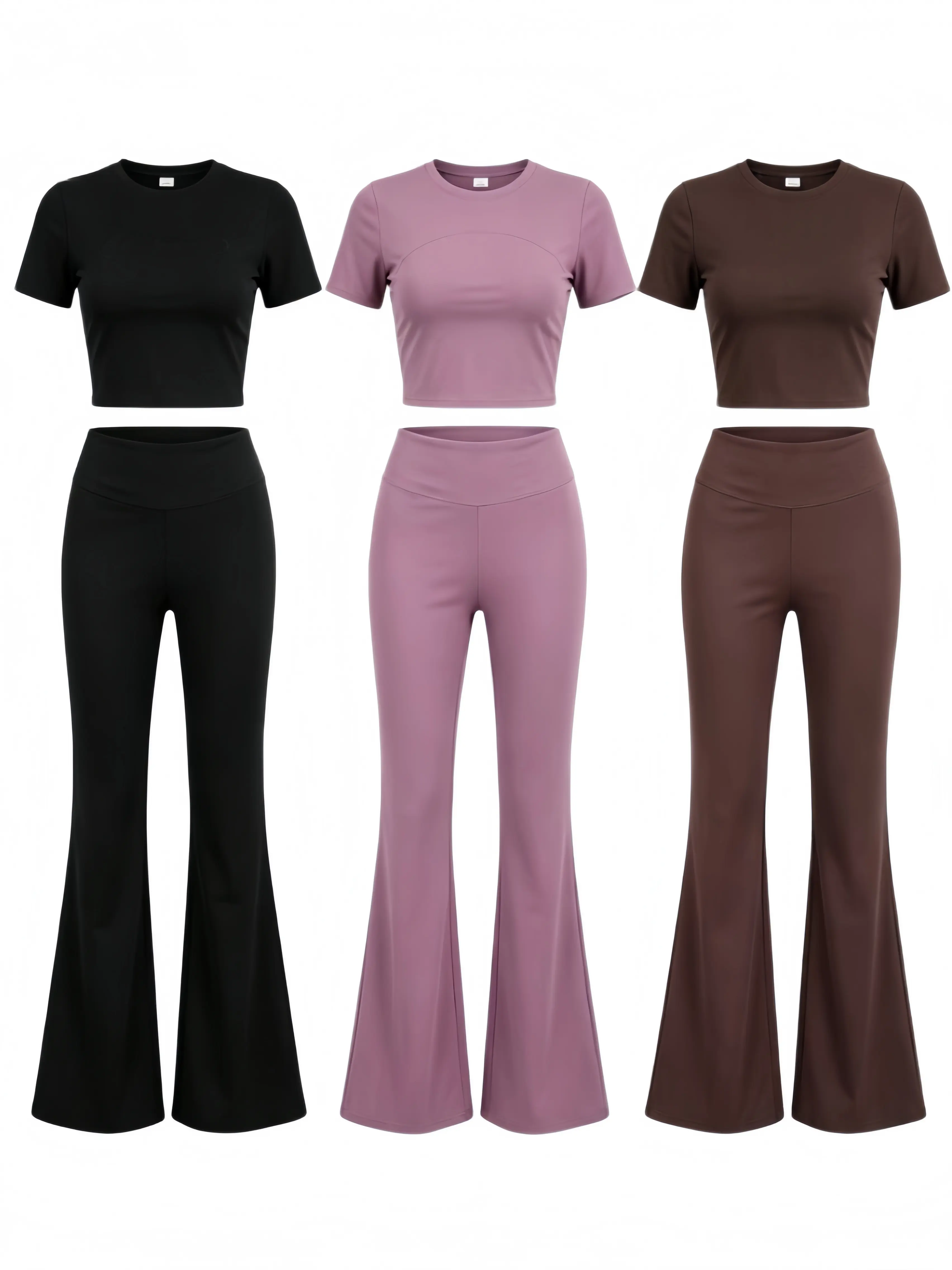 H   3 Colors High Waisted Flare Yoga Set, 2-Piece Short Sleeve Crop Top + Butt-Lifting Pants, Quick Dry & Slimming, Tummy Control, for Gym/Pilates/Commute, Curvy Plus Size Friendly Bottoms Basic Minimalist Womenswear