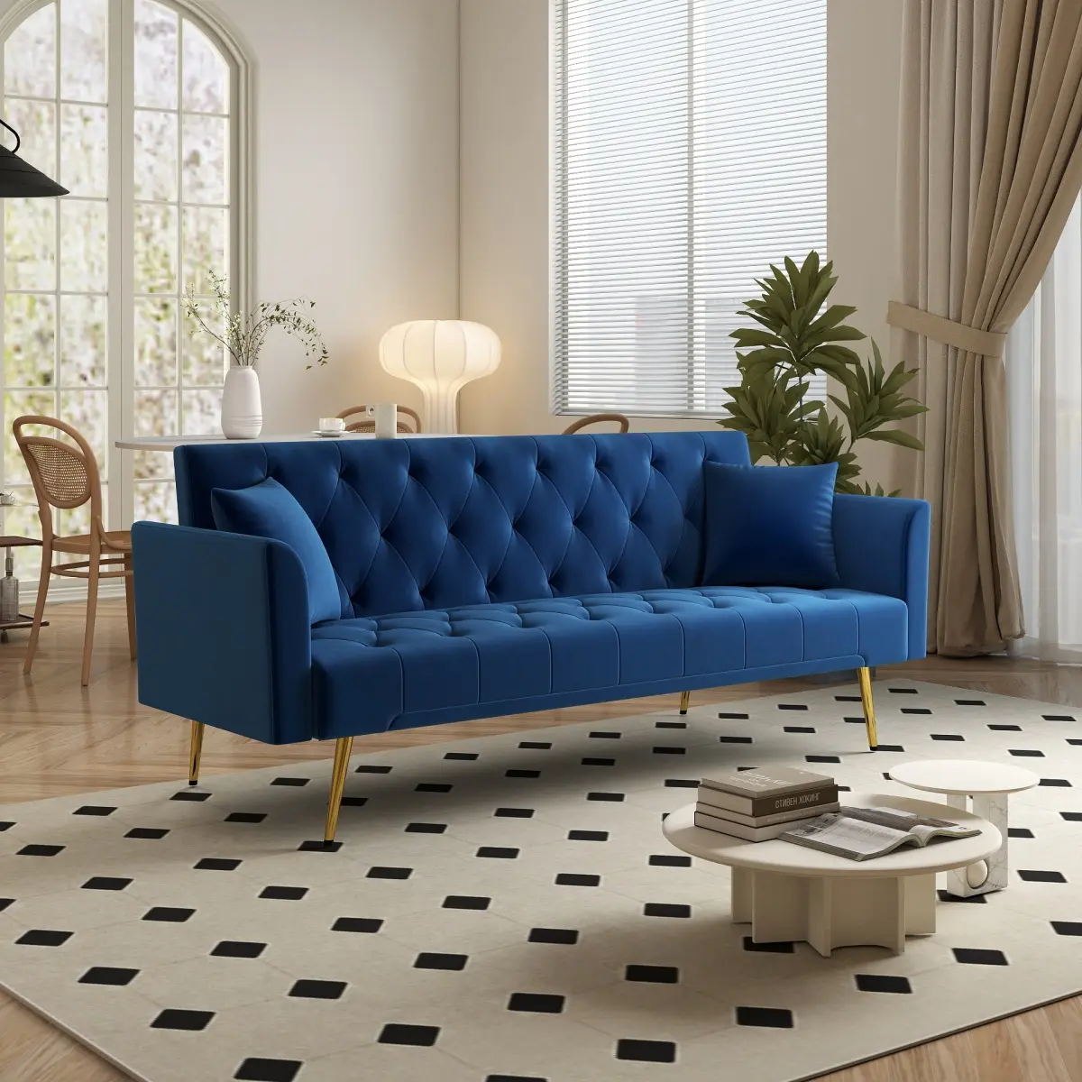 72-in Modern Velvet Convertible Foldable Sleeper Sofa - Blue, Sturdy Metal Frame, 3 Adjustable Back Postures, 3-Seat, Fixed Arms, Extendable, Assembly Required, No Fire Safety Label, Ideal for Small Living Rooms, Office Use, Great Gift