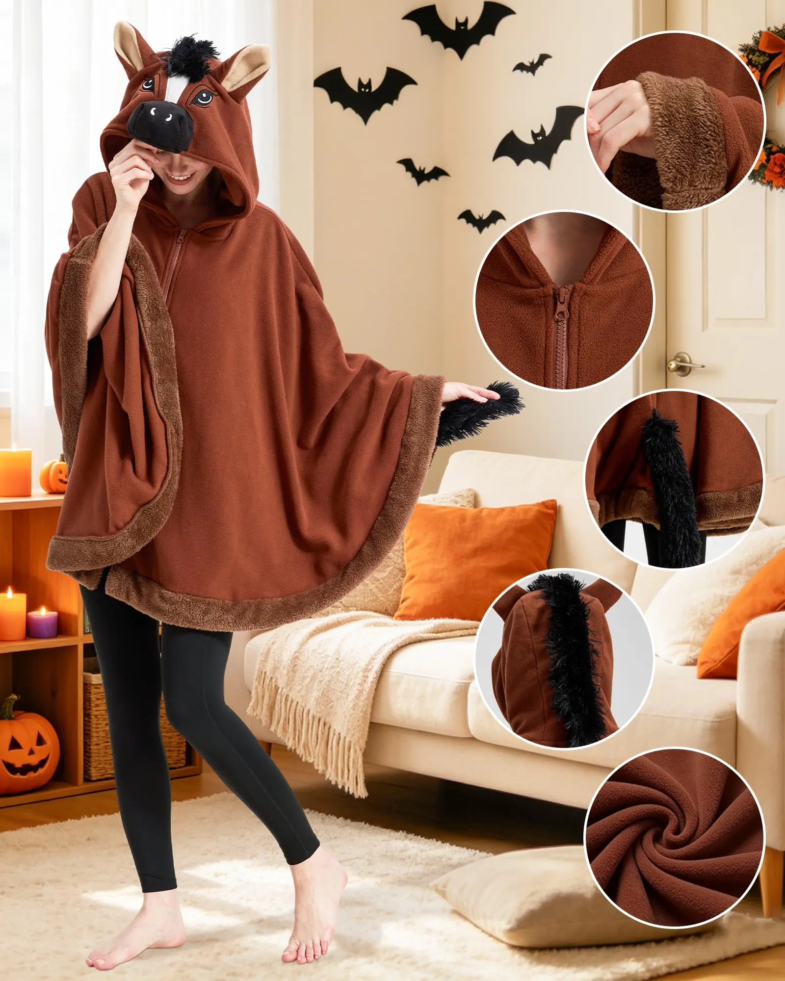 Horse-themed Cape with Hood and Zipper Closure - Brown Color, Perfect for Costume or Daily Wear