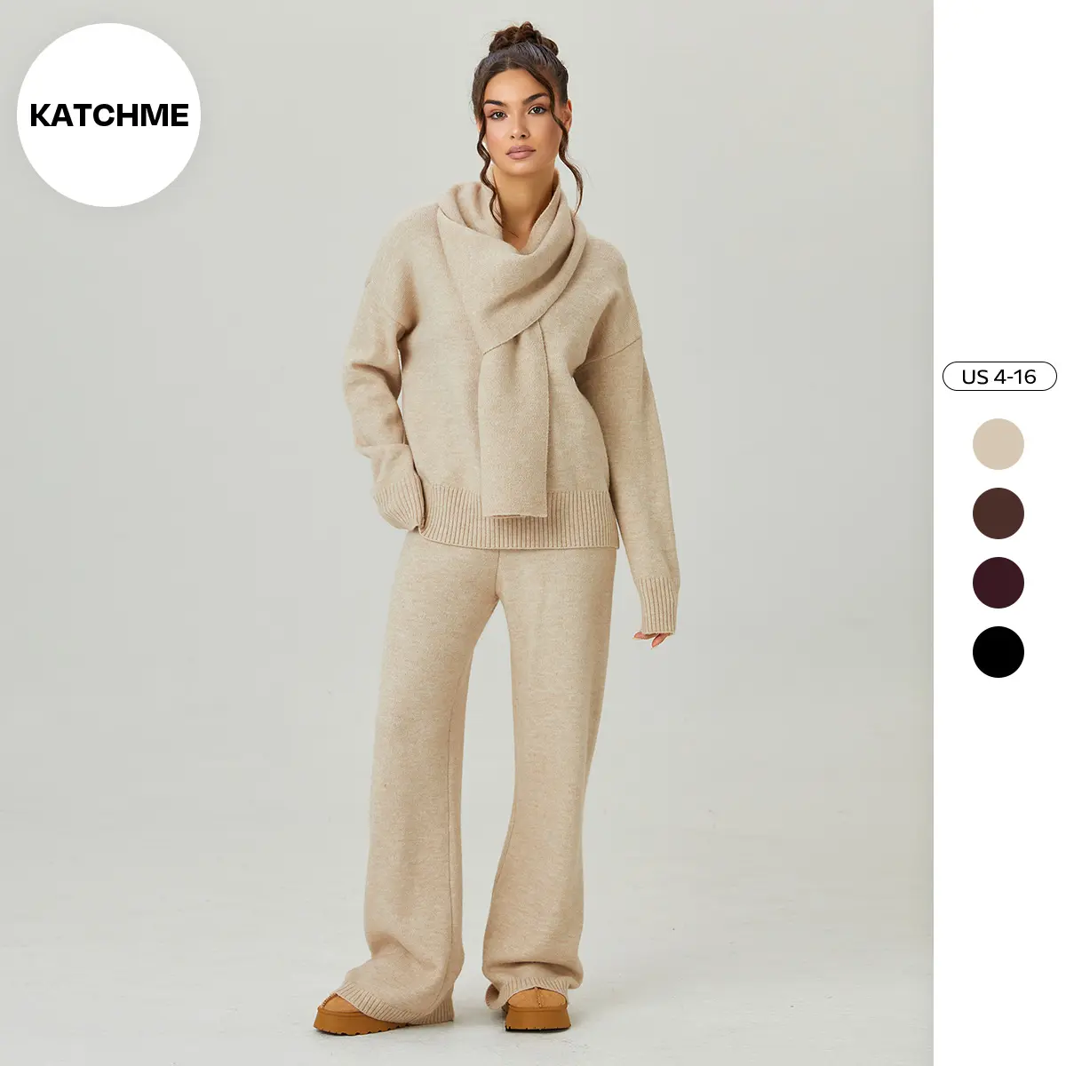 KatchMe Women's Slouchy Long Sleeve Sweater with Scarf & Wide Leg Trousers Co-ord, Minimalist Two Piece Outfits, Cozy Solid Color Going Out Set