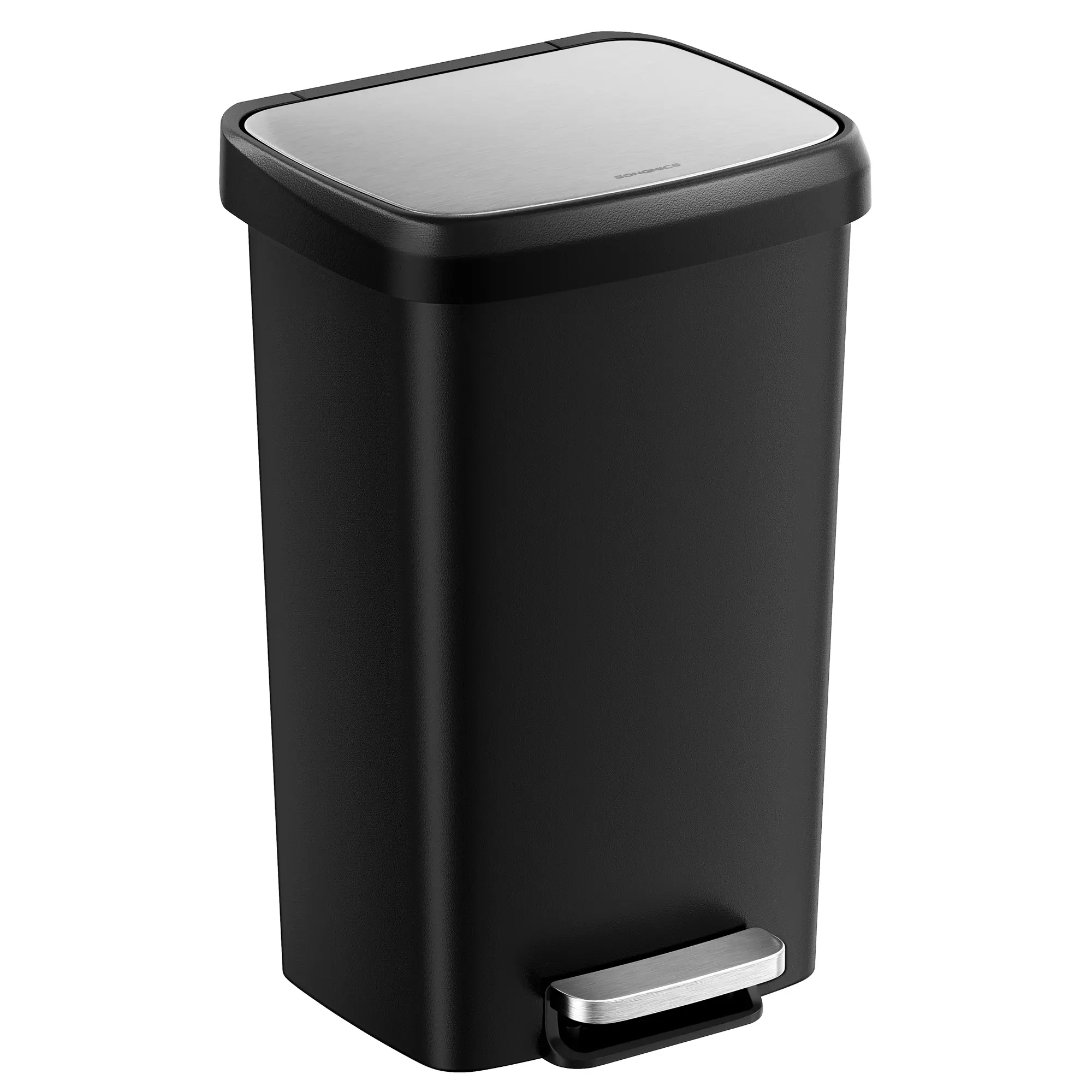 SONGMICS 12gal (45L) Plastic Body Kitchen Trash Can - Trash Cans for Kitchen with Pedal Open, Soft Close, Stainless Lid, Wheels, Rear Handle | Home Care Waste Bin