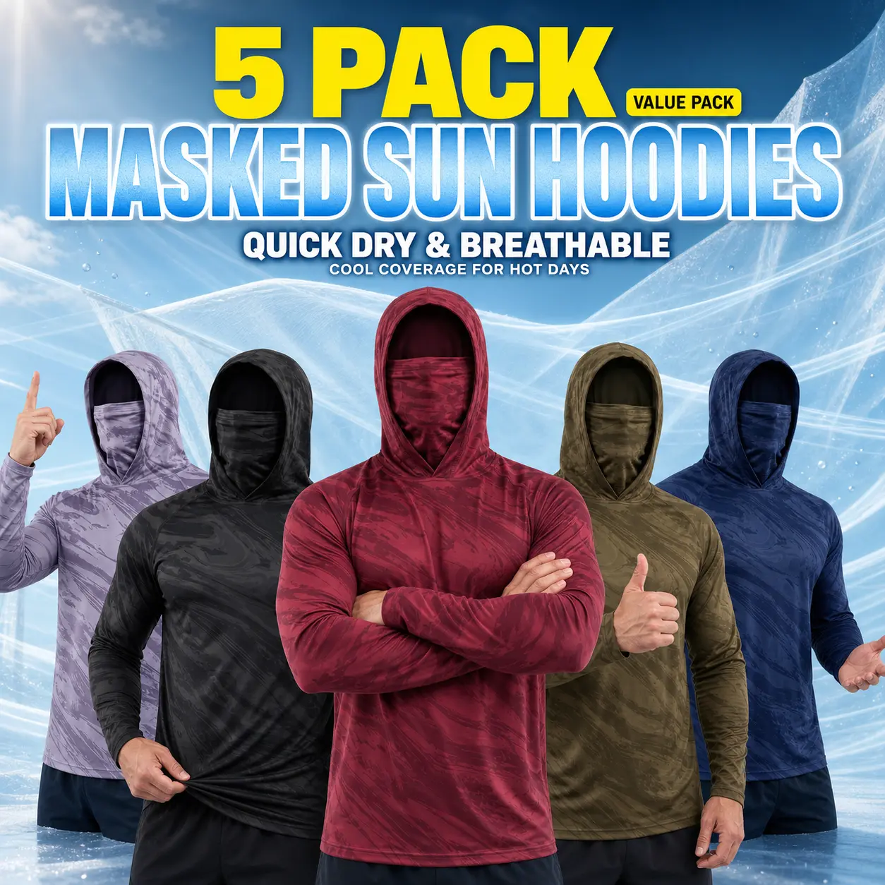 5-piece mens sun protection hoodie packCamouflage Long Sleeve Hooded Shirt with Balaclava Face Mask,Sun Protection Fishing Hunting Rash Guard Fishing, Tactical Outdoor Use Outdoor Work, Breatheable, Mens Clothing, Male