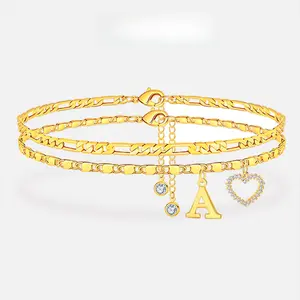 Women's Double Chain Anklets - 26 Letter Gold Chain Style Fashion Anklet, Adjustable Heart Shaped Pendant Ankle Bracelet, Summer Jewelry Valentine's Day Gift for Outdoor Fun, Anklets For Women