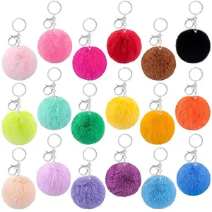 18 Pieces Pom Pom Keychain Rabbit Faux Fur Ball Keychain Fluffy Pom Pom Keychain Pom Pom Puff Ball with Keychain Hooks