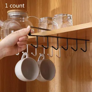 (Without Screws) Cup Hook Shelf, 1 Count Multifunctional Under Cabinet 6 Hooks Cup Storage Rack, Home Organizer for Kitchen Bathroom Bedroom, Wall Mounted Organizer