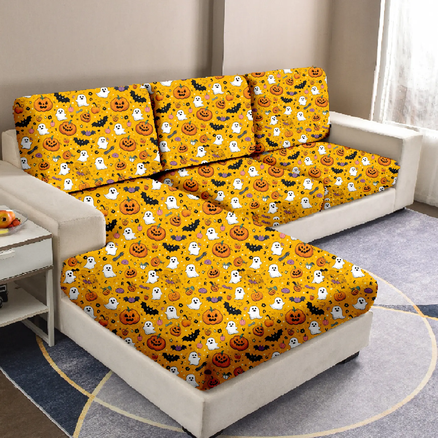 Halloween Milk Silk Fabric Anti-Slip Elastic Sofa Cushion Cover, Digital Print, Fits Single Double Three Seater L-Shaped Couches, Elastic Sofa Slipcover, Washable Sofa Slipcover, Stretchable Sofa Cover, Washable Couch Covers