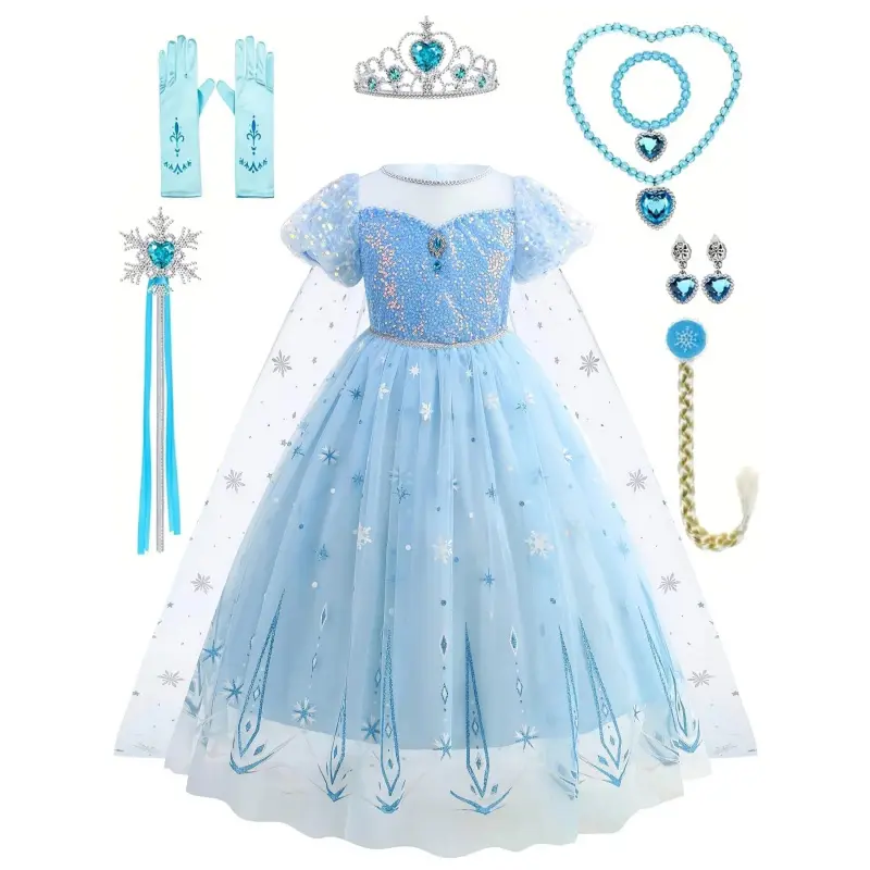 Girl's Princess Costume Dress, Blue Tulle Fantasy Gown with Puffy Sleeves for Party, Complete Outfit with Crown, Wig, Gloves & Earrings, Tulle Dress